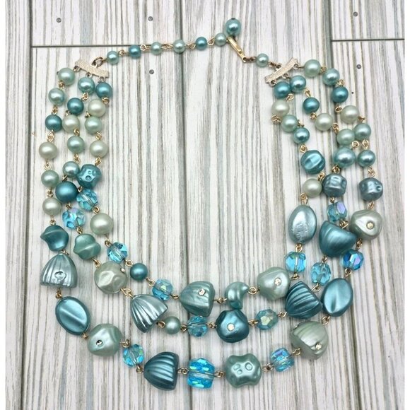 Vintage Aqua Blue Multistrand Collar Necklace Japan Signed Hook Clasp Crystals - Picture 7 of 9